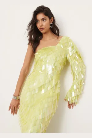 ASOS Allover embellished one shoulder midi dress in lime