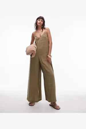 Topshop Cami wide leg jumpsuit with tie back in khaki