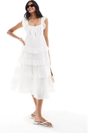 Miss Selfridge Lace trim insert tiered midi sundress in ivory