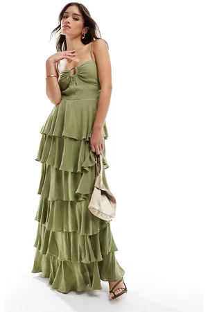 Pretty Lavish Gold ring detail tiered maxi dress in moss