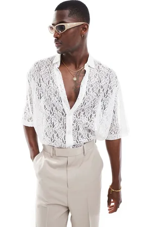 ASOS Relaxed deep neck camp collar lace shirt in