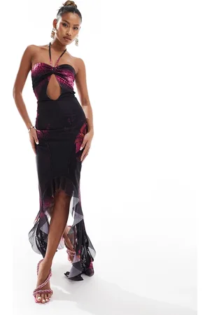Murci Exclusive mesh halterneck keyhole maxi dress with ruffle asymmetric hem in purple lily print