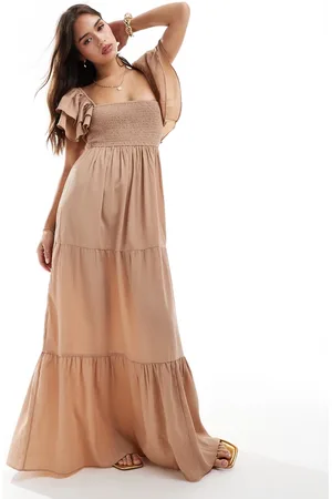 Pretty Lavish Ruffle sleeve shirred maxi dress in biscuit
