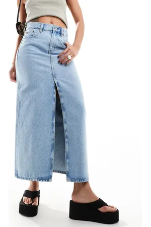 Dr Denim Myra maxi denim skirt with front slit in stream light retro wash