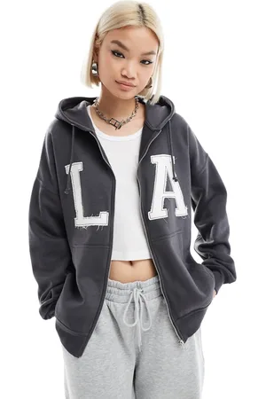 Daisy Street Oversized charcoal applique zip up hoodie