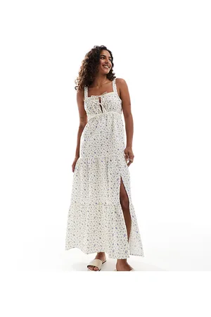 Miss Selfridge Poplin tiered lace trim maxi dress in blue ditsy