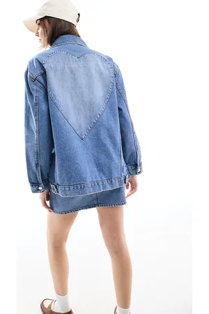 Miss Selfridge Oversized heart detail denim jacket in light wash