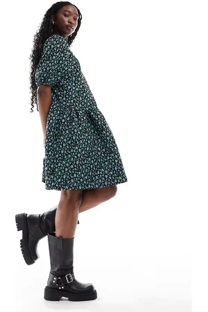 Glamorous Drop waist mini smock dress in blue floral jacquard