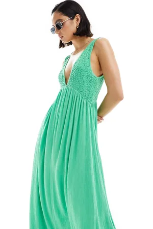 ASOS Crinkle v neck maxi dress with full hem in green