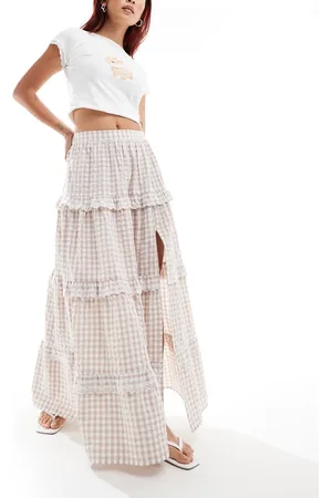Miss Selfridge Tiered ruffle maxi skirt in tan gingham