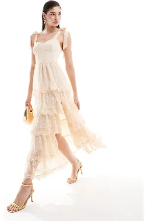 Miss Selfridge Occasion lace corset tiered maxi dress in light