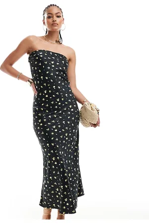 ONLY Satin bandeau maxi dress in with yellow floral