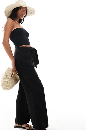 ONLY Tie waist wide leg linen pants in