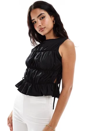COLLUSION Poplin shirred tank top with tie side in