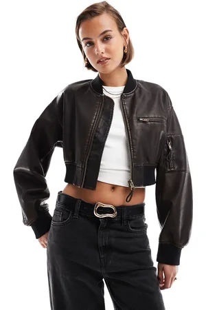 ASOS Washed cropped leather look bomber jacket in burgundy
