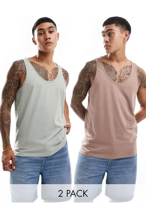 ASOS 2 pack tank tops in washed green and brown