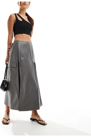 ASOS Faux leather pocket detail pleated midi skirt in gray