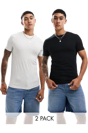 ASOS 2 pack muscle fit T-shirts in black and oatmeal heather