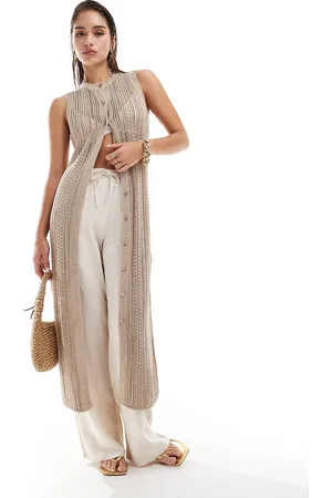 Pretty Lavish Crochet maxi cardigan in beige