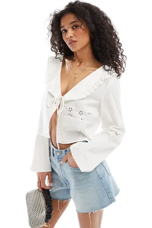 ASOS Lace insert tie front collar blouse in ivory