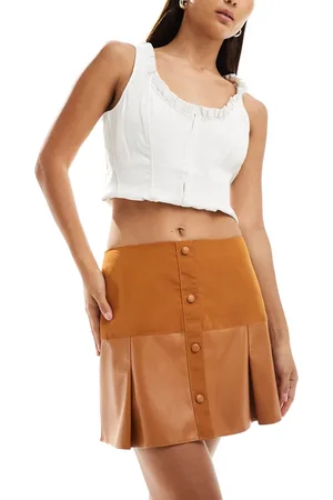 ASOS Faux leather woven mix pleated mini skirt in tan