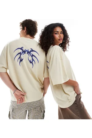 COLLUSION Unisex tattoo printed emblem t-shirt in stone pique