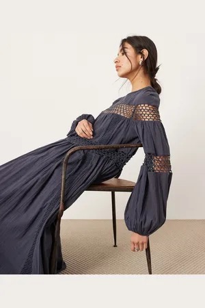 ASOS Crochet trim drop waist blouson sleeve trapeze maxi dress in charcoal