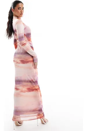 ASOS Long sleeve mesh maxi dress with ruching in watercolor print