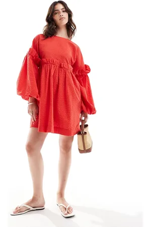 ASOS Jumbo ruffle mini textured dress in cherry
