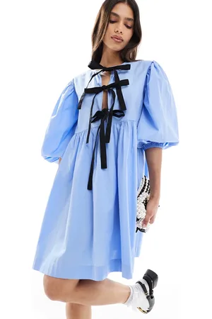 ASOS Bow tie front mini smock dress in sky