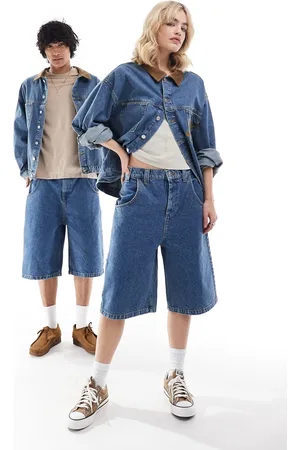 Reclaimed Unisex western longer length denim jorts with embroidery in wash