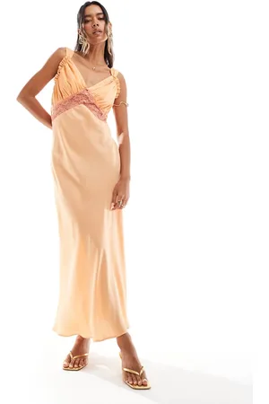 ASOS Gathered bust lace insert midi dress in peach color block