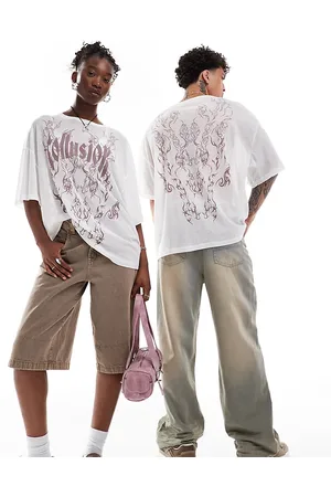 COLLUSION Unisex mesh oversized t-shirt in white with pink print