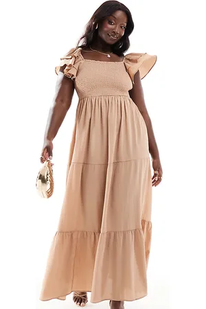 Pretty Lavish Ruffle sleeve shirred maxi dress in biscuit
