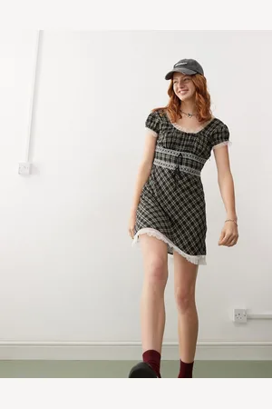 Reclaimed Babydoll mini dress with lace trims in check