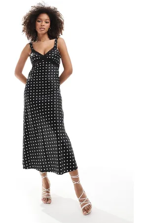 Miss Selfridge Satin lace mix maxi slip dress in polka dot