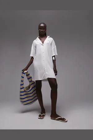Topshop Linen souvenir shirt dress in ivory