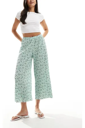 ASOS Plisse wide pants culottes in green ditsy