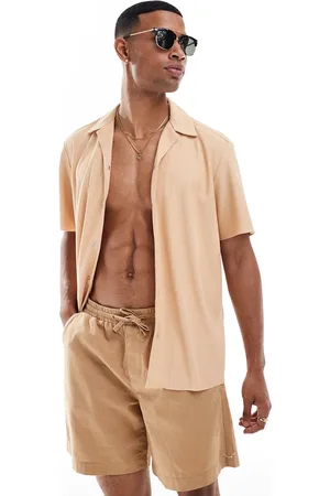 Only & Sons Plisse camp collar shirt in beige