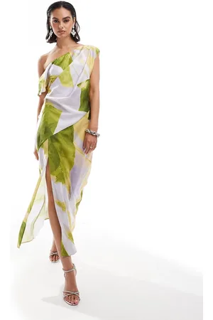 ASOS Satin off shoulder draped midi dress with split in lilac camo print
