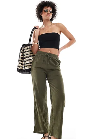 ONLY Linen texture wide leg pants in khaki