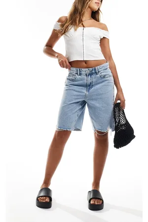 Noisy May High waisted raw hem Bermuda short in light wash