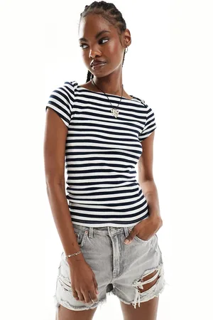 Monki Fitted short sleeve top with boat neck in navy and white stripe