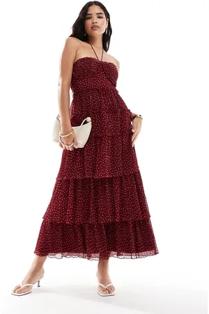 ASOS Shirred bust micro pleat tiered maxi dress in burgundy spot
