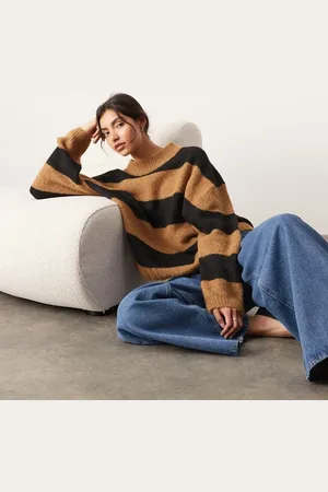 ASOS Oversized crew neck knit striped sweater in camel and black