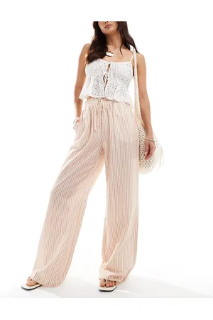 ASOS Tie waist wide leg pants with linen in brown & cream stripe
