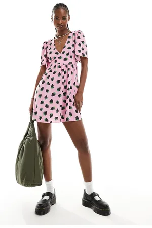 Monki Short sleeve mini sun dress with v neck in pink and black strawberry print