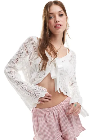 Miss Selfridge Crochet ribbon tie front cardigan in cream