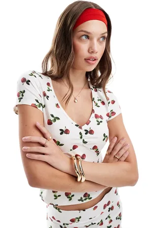 ASOS Ruched front v-neck tee in strawberry print - part of a set