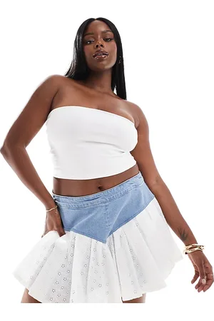 ASOS Curve ruffle denim shorts with eyelet in mid wash